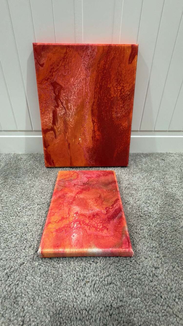 Original Abstract Acrylic Pour Painting Red and Orange Diptych Canvas Art Set